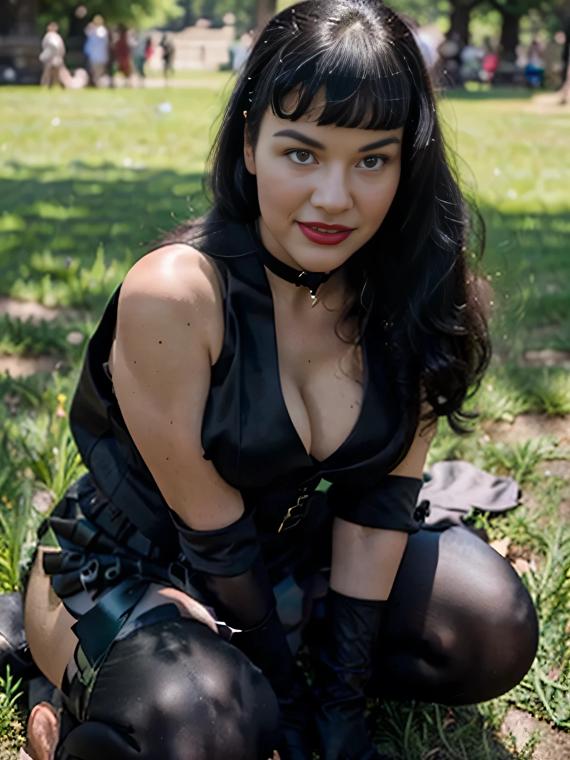 beautiful girl that looks like Bettie page, smile, updo, ponytail hair, red lipstick ,black long maxi-skirt(black long maxi-skirt:1.2), (( long black satin gloves)),high boots, ((and a long woolen vest )), flirting with the camera, hand bag on her shoulders, lying on the ground on the grass of central park having an orgasm with a vibrator,