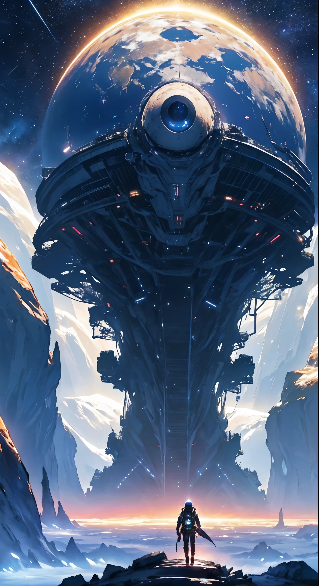 (best quality, 4k, ultra detailed, high resolution, masterpiece: 1.2),Imagine the inside of a partially destroyed bio-organic alien ship, with internal structures that look like a mix between technology and biological tissue. The scene is seen from an elevated and distant position, allowing you to see the colossal size of the environment and giving a feeling of immensity. Through the gaps in the ship, se puede ver el espacio exterior lleno de estrellas, con algunas luces brillantes y tenues que sugieren planetas o naves a lo lejos.