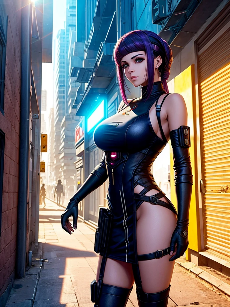 masterpiece, best quality, ayane, big breasts, fingerless gloves, slingshot swimsuit, looking to the side, belt, thigh strap, city, <lora:ayane00-000018:0.3>