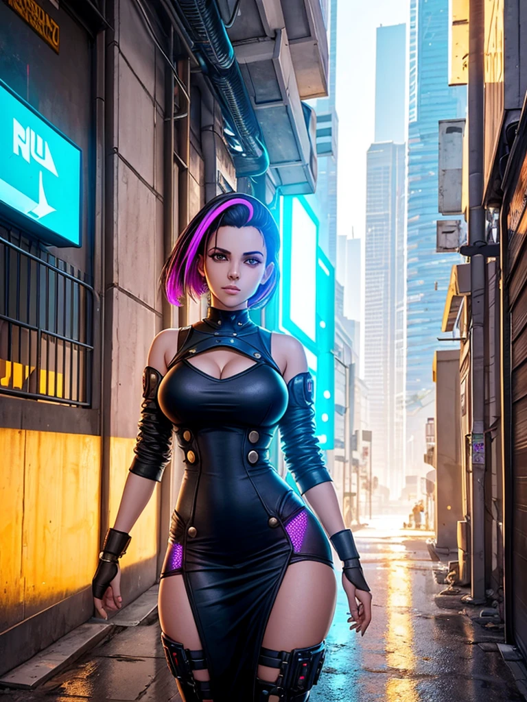 Mulher de 25 anos, com vestido estilo cyberpunk, com fenda, em uma rua de dia a luz do sol. She&#39;s on a cyberpunk street. Corpo inteiro.