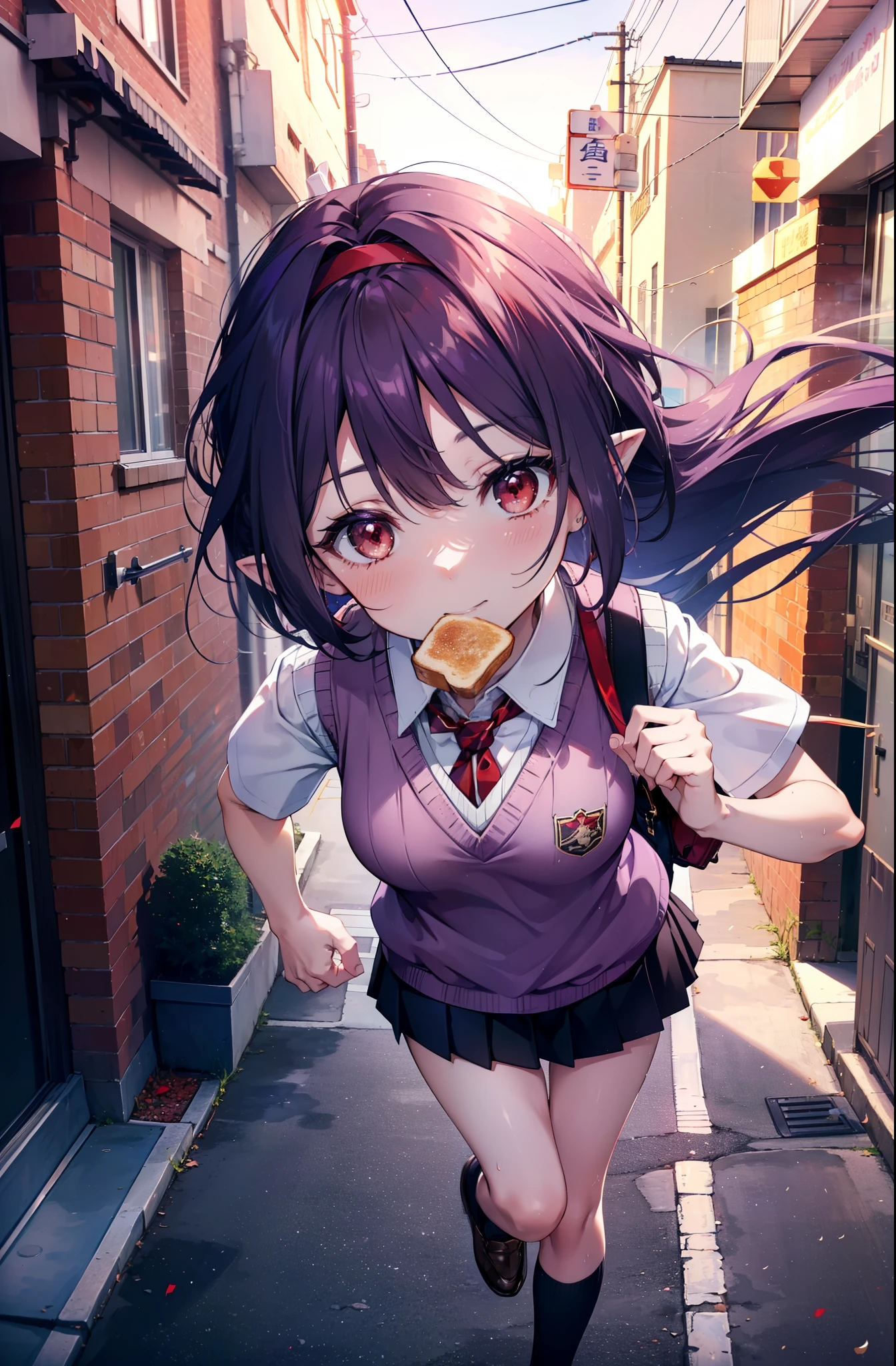 yuukikonno, Yuki Konno, hair band, Long Hair, Pointy Ears, Purple Hair, (Red eyes:1.5), (Small breasts:1.2), smile,White Y-shirt,Sweater vest, (紫色 Sweater vest:1.5),,Short sleeve,Purple pleated skirt,Black socks,Brown Loafers,Toast in the mouth, running, City Street,morning,morning日,sunrise,A girl running with a student bag,
break looking at viewer, Upper Body, whole body,
break outdoors, Residential Street,
break (masterpiece:1.2), highest quality, High resolution, unity 8k wallpaper, (shape:0.8), (Fine and beautiful eyes:1.6), Highly detailed face, Perfect lighting, Highly detailed CG, (Perfect hands, Perfect Anatomy),