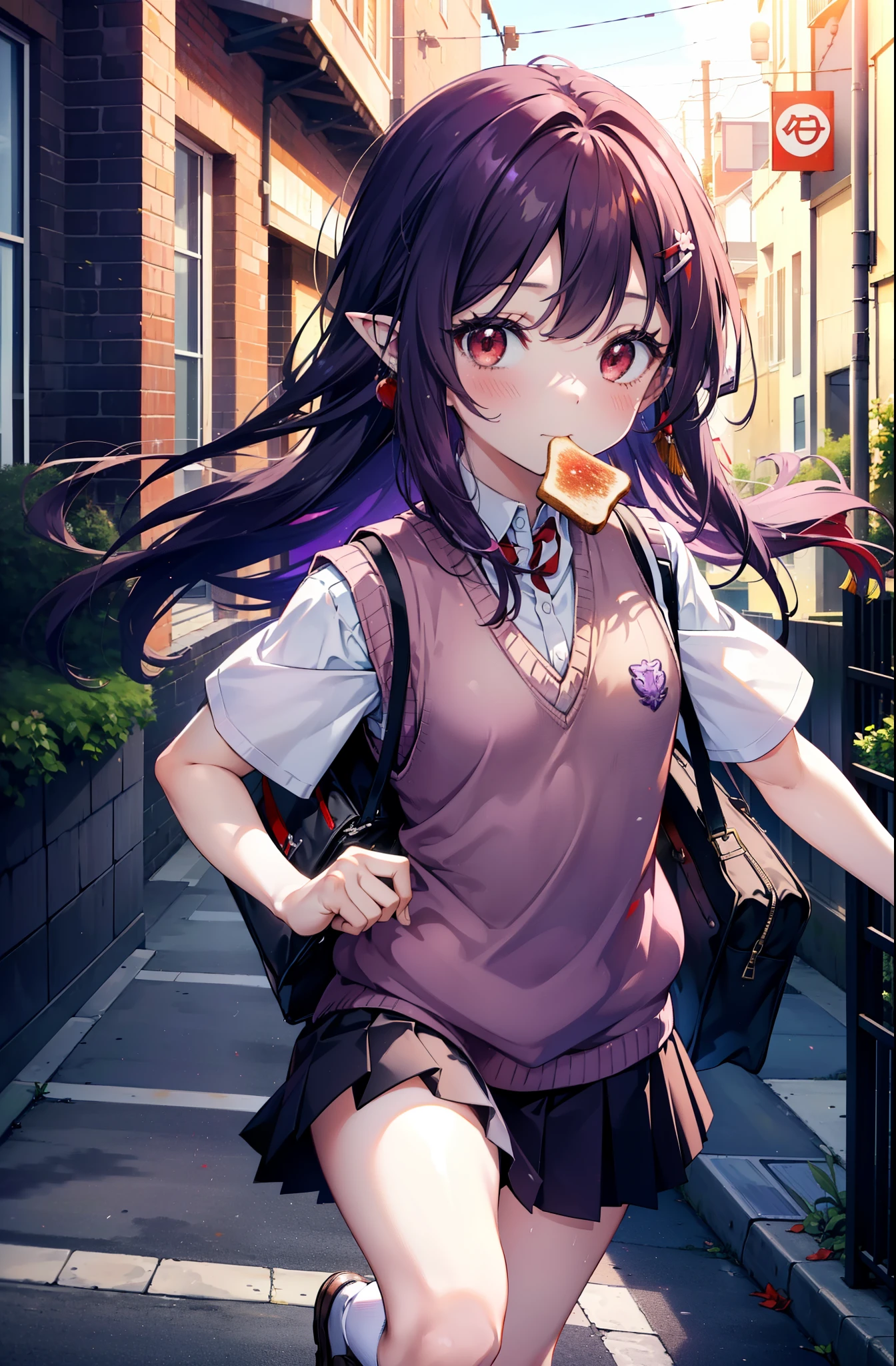 yuukikonno, Yuki Konno, hair band, Long Hair, Pointy Ears, Purple Hair, (Red eyes:1.5), (Small breasts:1.2), smile,White Y-shirt,Sweater vest, (紫色 Sweater vest:1.5),,Short sleeve,Purple pleated skirt,Black socks,Brown Loafers,Toast in the mouth, running, City Street,morning,morning日,sunrise,A girl running with a student bag, 
break looking at viewer, Upper Body, whole body,
break outdoors, Residential Street,
break (masterpiece:1.2), highest quality, High resolution, unity 8k wallpaper, (shape:0.8), (Fine and beautiful eyes:1.6), Highly detailed face, Perfect lighting, Highly detailed CG, (Perfect hands, Perfect Anatomy),