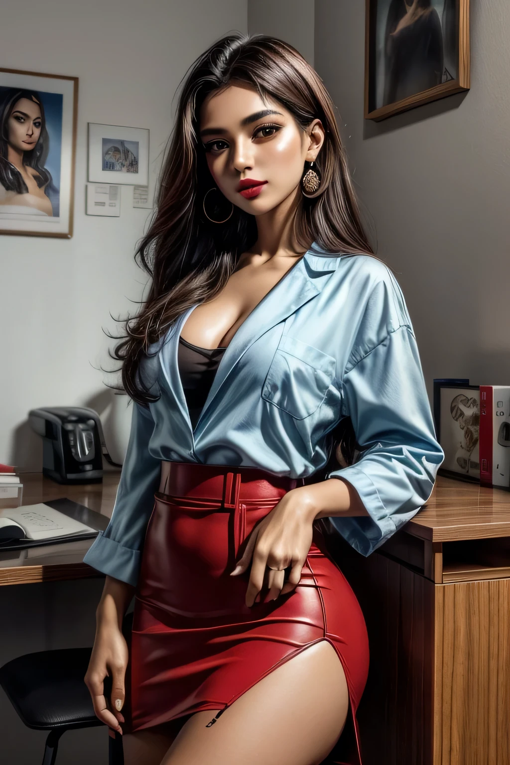(obra de arte, melhor qualidade:1.2), 1 garota, Sozinho, sentado, office chair, mesa, computador, Coffee mug, cabelo curto, labios grandes, faixa, cabelo loiro, olhos castanhos, seios grandes, camisa azul, lab coat, pencil skirt, brincos, Toupeira sob o olho, inventar, batom, Red lips, pernas cruzadas, inclinando-se sobre, segurando cigarro ,