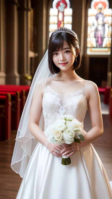 (highest quality:1.5)、(Realistic:1.5)、(1 person:1.5)、(Take a full-body photo:1.5)、Very detailed、High resolution、8k wallpaper、、Normal milk、Natural color lips、Cute Smile、Japanese women、20-year-old girl、Beautiful and elegant face、Perfect and beautiful face、Large, balanced eyes、Brunette's eyes、Beautiful and elegant face、Beautiful double eyelids、Natural Bangs、Beautiful thin nose、Beautiful Skin、Fair skin、(Medium Bob Hair)、Natural Bangs、Perfect and beautiful face、Slim face and figure、(Looking at the camera with a sweet smile)、Bright lighting、Professional Lighting、Forward lighting、Wedding dress、tiara、(白いオフショルダーのマーメイドラインのWedding dressを着て)、Wedding ceremony in a church with beautiful stained glass、pose for a photo、