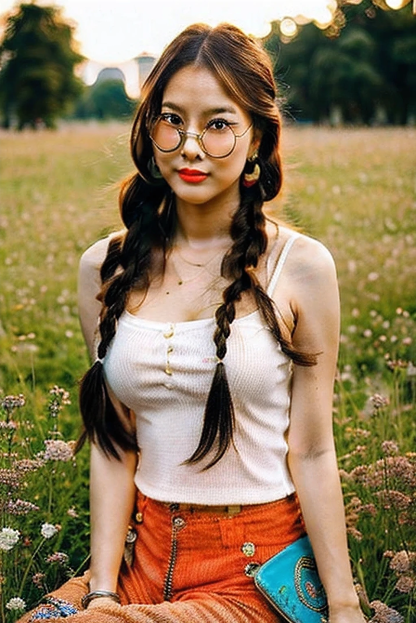 Beautiful hippie Thai of Vietnam girl from the 60's individual. She is red lips and big breasts "size cup E" and has messy red braids with colorful knitted bows and large glasses, she wears long hippie pants, a very very short colorful sleeveless shirt, wears hippie sandals, has her hands on her hips, silly facial expressions, sitting leaning against a colorful hippie suitcase on a meadow