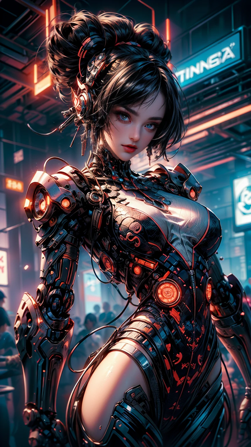 ((una hermosa chica cyberpunk viste un disfraz de Harajuku Tech), (lentes ciberneticos de tinta rosa), con pecas, lengua traviesa de fuera, aretes de neon, tatuada yakuza, autodisparo, raytraced, viento, pelo azul despeinado, paisaje de la ciudad ciberpunk, (aesthetics and atmosphere:1.2),sonriente, Laugh,plano amplio, cuerpo completo, extrenidades cyberneticas. (foto cruda, mejor calidad), (realista, photo-realista:1.3), Obra maestra, un extremadamente delicado y hermoso cuerpo, extremidades ciberneticas extremadamente detalladas, Best quality score, dynamic punk pose, middle body, close up, high view, fire particles and hard lights, angulo picado