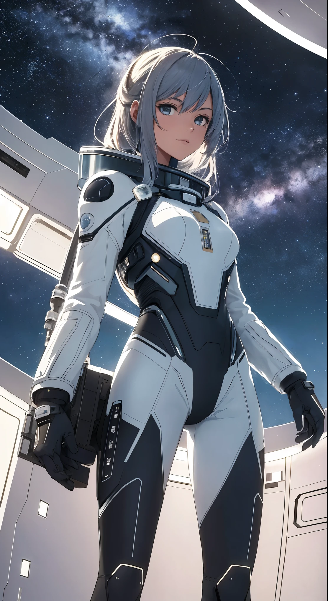 (best quality, 4k, ultra detailed, high resolution, masterpiece: 1.2),Personaje a la Distancia: Hay un personaje visto desde lejos, located at a high observation point. It is small compared to the surroundings, resaltando la magnitud de la nave. The character is equipped with a space suit, with flashing lights and mechanical details.
Vista del Espacio Exterior: Through the openings in the ship, se ve un vasto espacio estrellado. The stars are unevenly distributed, creating variable densities and suggesting the remoteness of some celestial objects.