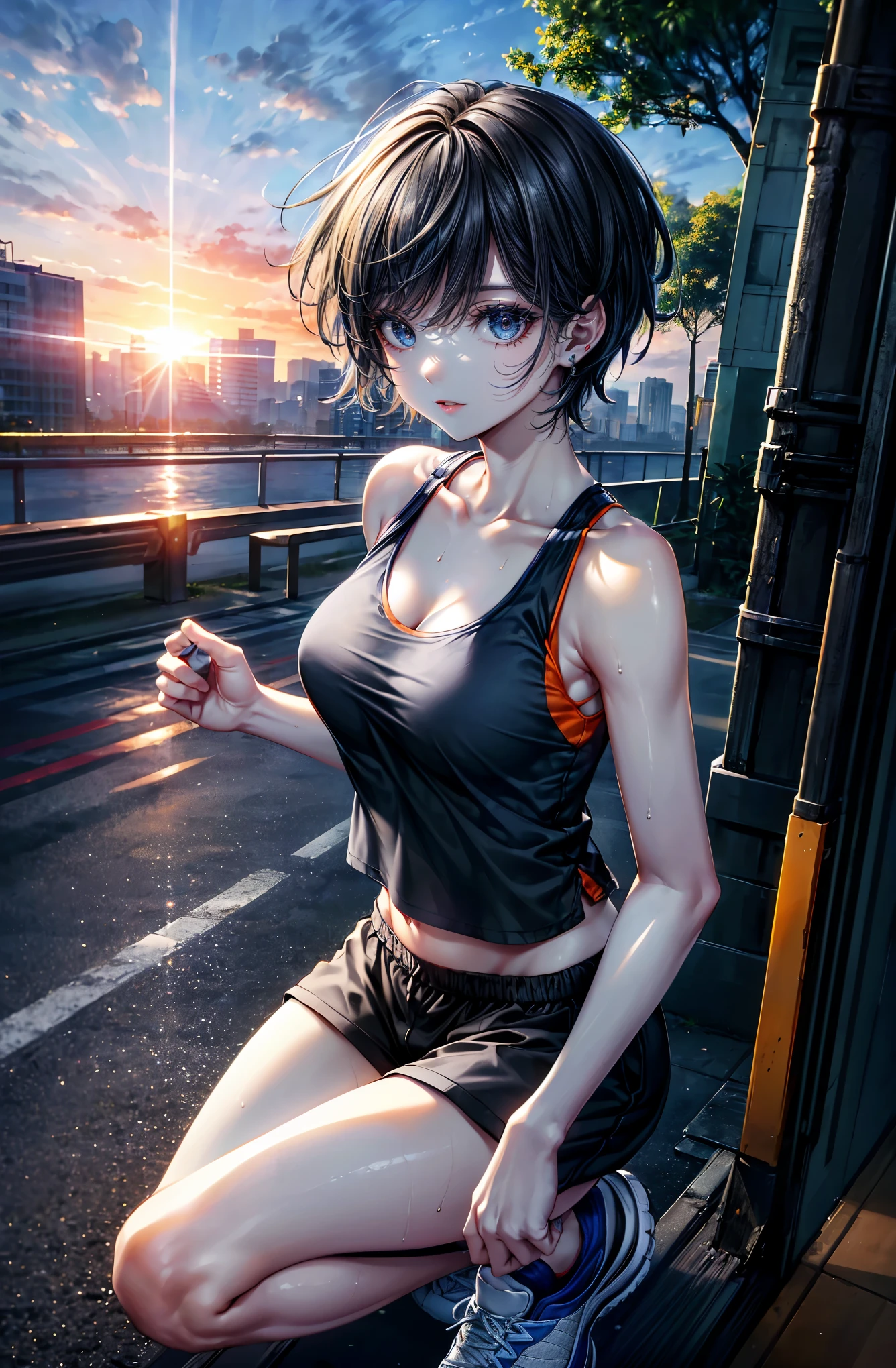 Hyper Quality、8K quality、High resolution、Image quality captured with a single-lens reflex camera、(software)、Perfect Anatomy、(Black Grey Short Hair、Shoulder-length hair:1.2)22 year old beauty.Mature face、blue eyes(Sharp look:1.4)（a small amount of sweat all over the body）(Nice shape and normal breasts)
BREAK

(Wear a blue sporty tank top with lines、Wearing running shoes:1.3)（Uplifting:1.3）

(Warm-up exercises、warm up:1.4)（Perfect Anatomy:1.4）break(watch the sunrise、Looking away:1.2)(The orange morning sun is dazzling🌇:1.3)(Tree with fresh green leaves々There is a park、Next to the lake:1.1)