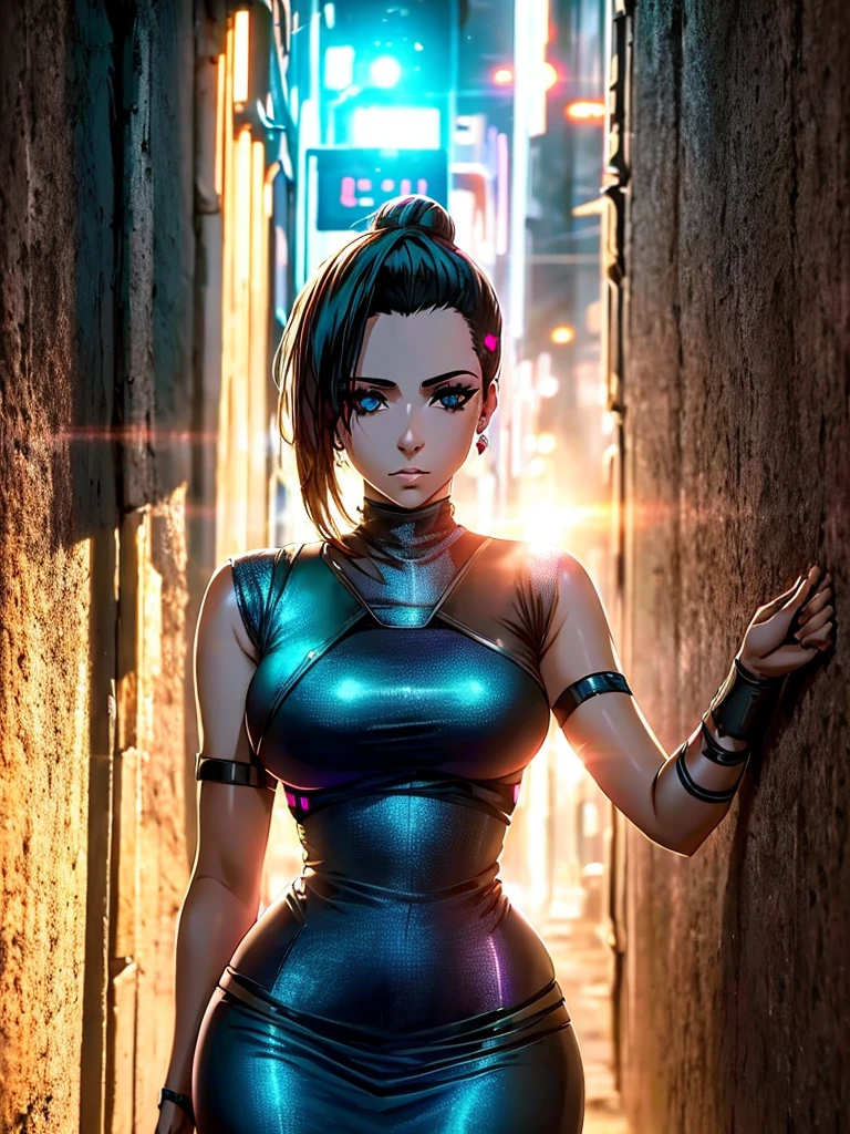 Mulher de 25 anos, com vestido estilo cyberpunk, com fenda, em uma rua de dia a luz do sol. She&#39;s on a cyberpunk street. Corpo inteiro.
