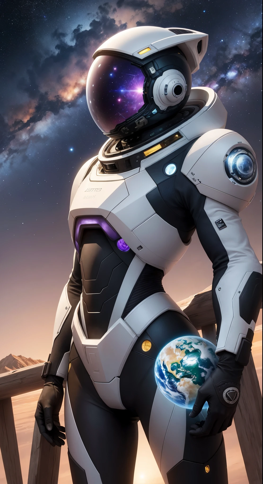 (best quality, 4k, ultra detailed, high resolution, masterpiece: 1.2),Personaje a la Distancia: Hay un personaje visto desde lejos, located at a high observation point. It is small compared to the surroundings, resaltando la magnitud de la nave. The character is equipped with a space suit, with flashing lights and mechanical details.
Vista del Espacio Exterior: Through the openings in the ship, se ve un vasto espacio estrellado. The stars are unevenly distributed, creating variable densities and suggesting the remoteness of some celestial objects, Futuristic and Organic Style: The image combines futuristic elements with biological aspects. The organic details are complex and full of textures, while the technological elements have cleaner lines but are worn by destruction. Paleta de Colores: La paleta incluye tonos oscuros de verde, brown and purple for ship, mientras que el espacio tiene azules profundos y negros con puntos de luz brillantes.
