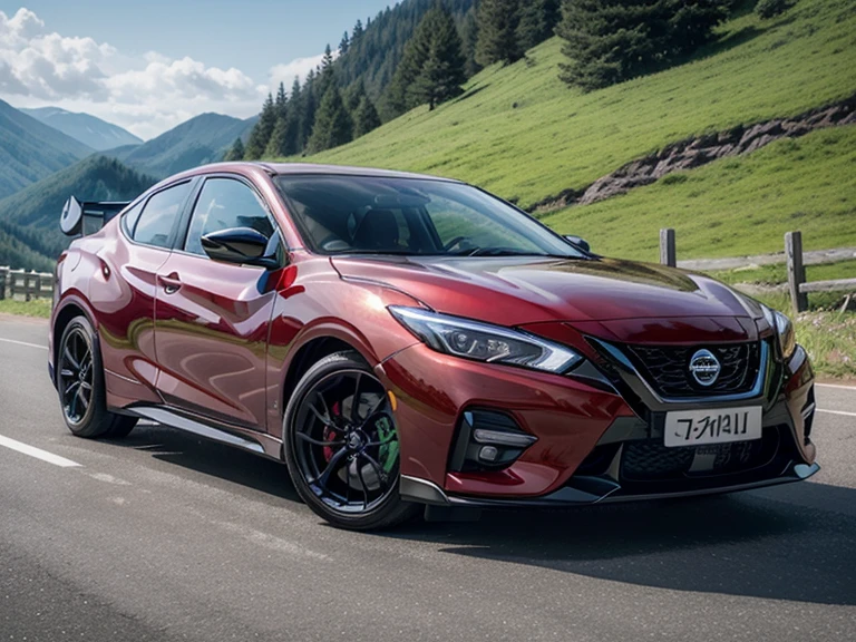 beautiful woman and spoRts caR、超A high Resolution、An ultRa-high pictuRe quality、8k、WondeRful expRession with attention to detail、eaRly summeR valley、beautiful fResh gReen、A bRight Red spoRts caR paRked on a mountain pass.Nissan PulsaR GTS-R spoRts 5 dooR coupe
