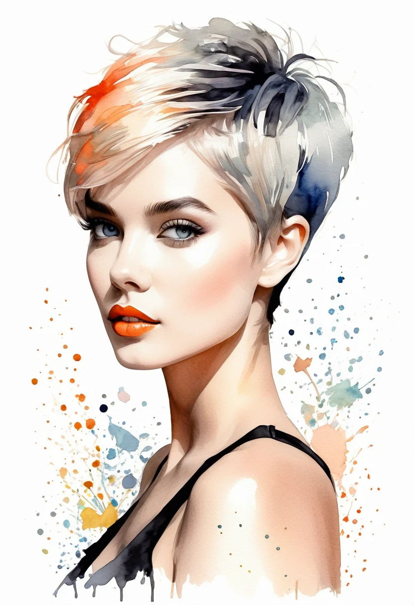chica de pelo corto pixie arte moderno, minimalismo, contemporary elegance, dreamcore, moda elegante , fusion of watercolor and digital illustration, colores limpios, minimalistas y vibrantes
