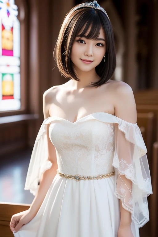 (highest quality:1.5)、(Realistic:1.5)、(1 person:1.5)、(Medium Shot:1.5)、Very detailed、High resolution、8k wallpaper、、Normal milk、Natural color lips、Cute Smile、Japanese women、20-year-old girl、Beautiful and elegant face、Perfect and beautiful face、Large, balanced eyes、Brunette's eyes、Beautiful and elegant face、Beautiful double eyelids、Natural Bangs、Beautiful thin nose、Beautiful Skin、Fair skin、(Medium Bob Hair)、Natural Bangs、Perfect and beautiful face、Slim face and figure、(Looking at the camera with a sweet smile)、Bright lighting、Professional Lighting、Forward lighting、Wedding dress、tiara、(白いオフショルダーのマーメイドラインのWedding dressを着て)、Wedding ceremony in a church with beautiful stained glass、pose for a photo、With a bouquet in her right hand、