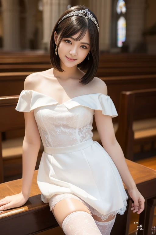 The beauty of 8K raw photos:2.0, short hair,15 years old, great face and dark eyes, stare at the camera, upward glance, big smile:1.6, show teeth, （golden dress:1.2), realistic:1.9, very detailed CG 統合 8k 壁紙, very detailed, High resolution RAW color photos, cowboy shot, professional photos, Photographed inside the church, girl sexy portrait