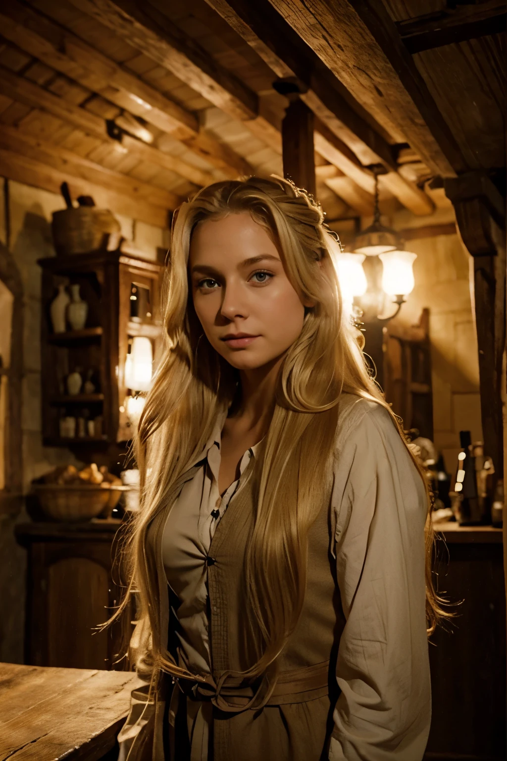 Beautiful blonde hobbit woman with long flowing hair