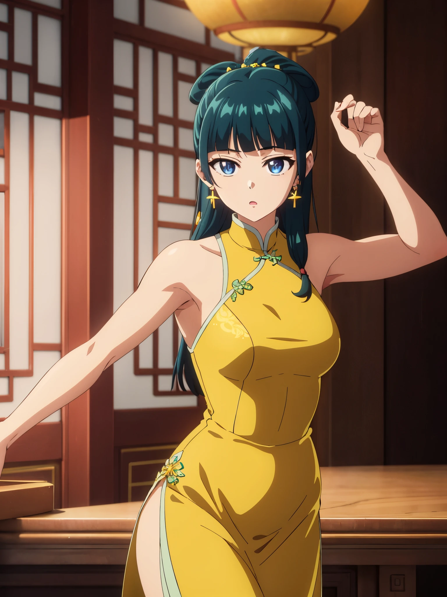 Armpit Show,highest quality (8k, High resolution, masterpiece: 1.2), Very detailed, Anime art style, Dynamic Angle, Teen Style, (China dress, Exposed shoulders, Earrings, indoor,), Detailed green hair, Detailed blue eyes, Complicated hairstyle, Long Hair , The body is slim, Sparkling eyes, like々Shii, hair accessory, Earrings, Half Up, Slightly blunt bangs, Detailed lighting, Bright colors, Looking at the audience, Center the image, Cowboy Shot,