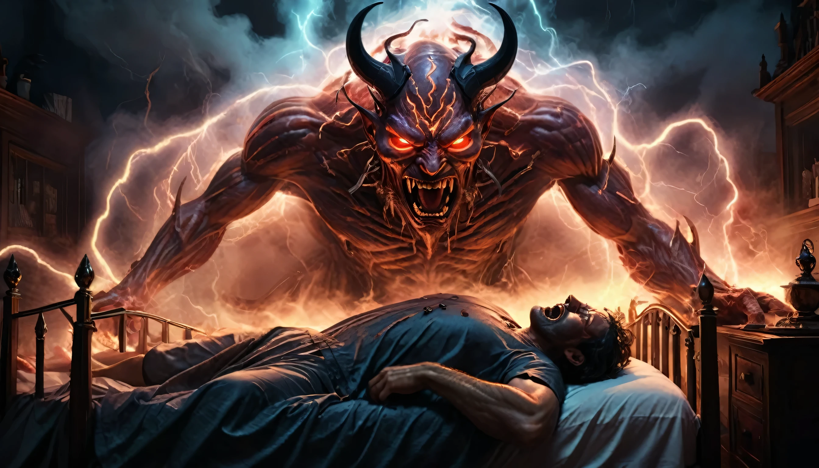 create the image of a man sleeping in a bed, a sinister room, and a mythological demon attacking the man while he sleeps, include lamp lights in the scene illuminating the face of the man lying down, lightning, red neon light, smoke, dark scene, panic , horror, scary and impactful atmosphere that causes a lot of fear ultra realistic texture, high quality, horror movie scene.