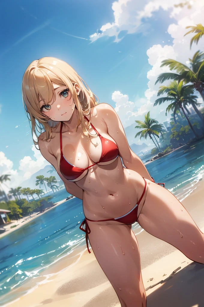 (swim bikini:1.45), (8K, masterpiece, Top Quality, highres, realistic, RAW photo, professional illustration), (isekai realistic:1.3), (detailed smooth skin, radiant skin), best proportion lines dynamite body:1.3, perfect hands, perfect fingers, perfect anatomy:1.5, (drop-shaped)breast), sweat, in heat, ((detailed minami)), (having (open stance model pose:1.2), beautiful radiant thigh focus:1.4), (from below POV:1.2), (smooth body lines:1.3), (extremely beautiful eyes:1.3), (sweat in heat enchanting:1.3), (detailed daytime beach:1.3), (arms behind back), (pubic hair:1.1)