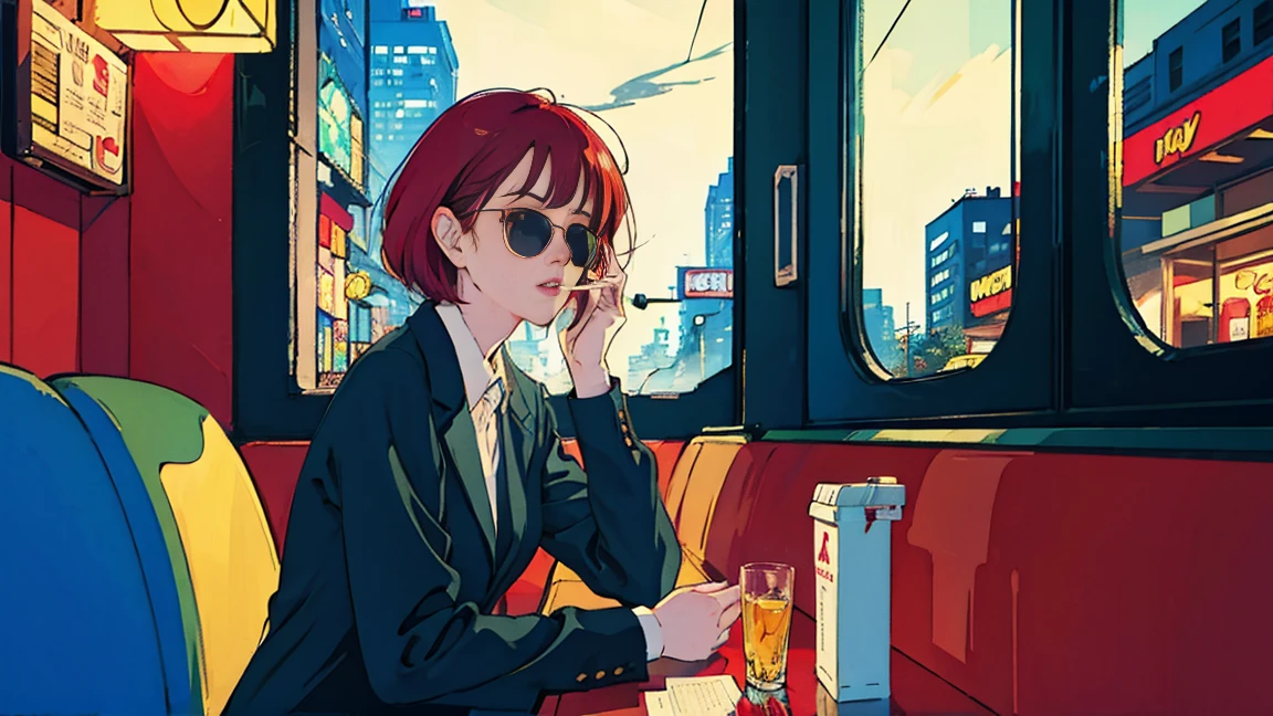 beautiful asian girl with red hair sitting in a diner at night, seen through a window, perfect face, sunglasses, smoking a white tailor made cigarette, NeonNoir, (backlit: 1.1), hard shadow, masterpiece, best quality, Intricate, modelshoot style, vintage, film grain, drive,citypop,cassettetape,record
