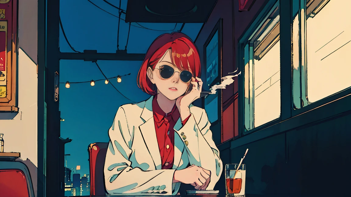 beautiful asian girl with red hair sitting in a diner at night, seen through a window, perfect face, sunglasses, smoking a white tailor made cigarette, NeonNoir, (backlit: 1.1), hard shadow, masterpiece, best quality, Intricate, modelshoot style, vintage, film grain, Incomplete details drive,citypop,cassettetape