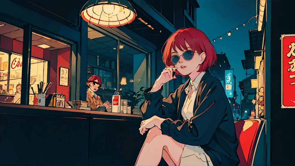 beautiful asian girl with red hair sitting in a diner at night, seen through a window, perfect face, sunglasses, smoking a white tailor made cigarette, NeonNoir, (backlit: 1.1), hard shadow, masterpiece, best quality, Intricate, modelshoot style, vintage, film grain, Incomplete details drive,citypop,cassettetape