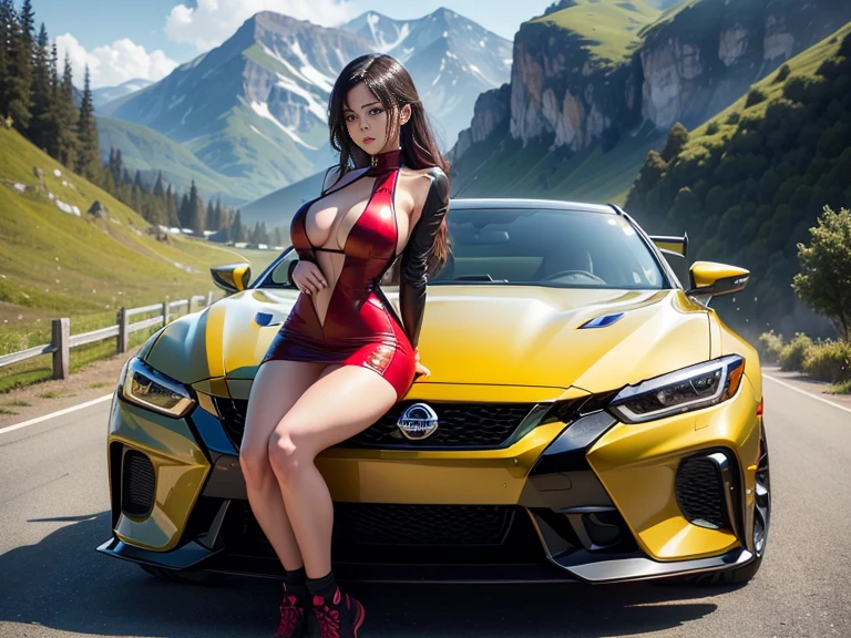 beautiful woman and spoRts caR、超A high Resolution、An ultRa-high pictuRe quality、8k、WondeRful expRession with attention to detail、eaRly summeR valley、beautiful fResh gReen、A bRight Red spoRts caR paRked on a mountain pass.Nissan PulsaR GTS－R　spoRts 5 dooR coupe