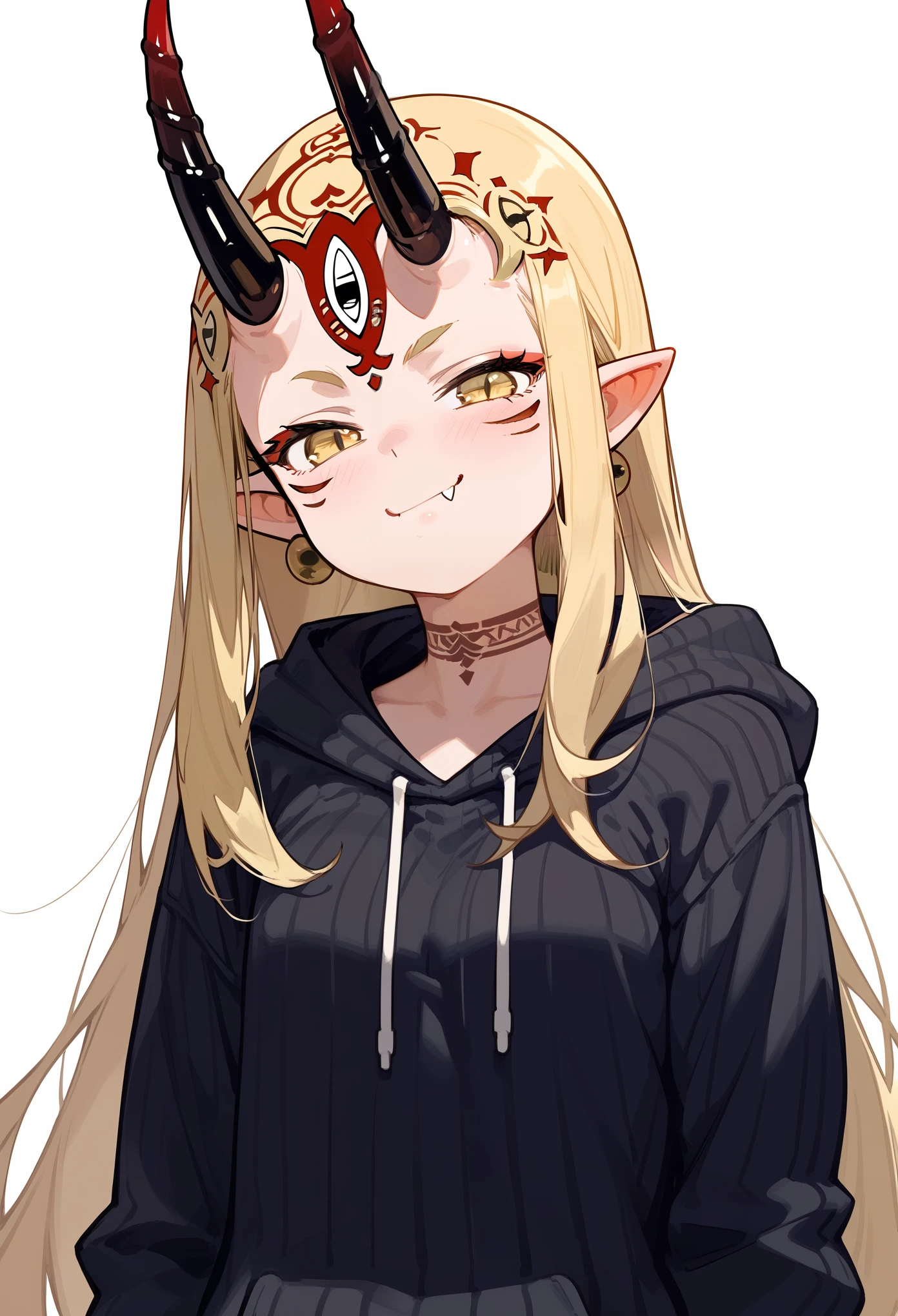 1girl, long hair, blonde hair, sidelocks, yellow eyes, pointy ears, facial mark, tattoo, forehead mark, oni, horns, black sweater, hoodie, earrings, jewelry, barefoot, smug, closed mouth, fang, standing, arms on sides, upper body, score_9, score_8_up, score_7_up, masterpiece, Very aesthetic, best quality, white background 