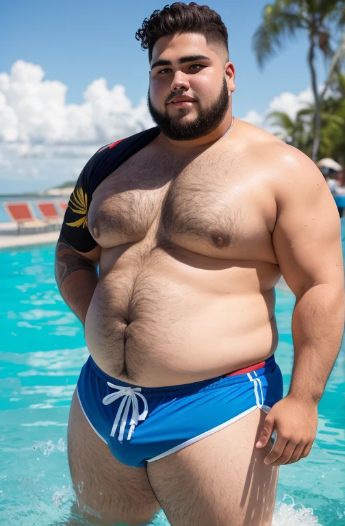 (Cabelo loiro), rosto com pouca barba e pouco bico de, Rostos de diferentes nacionalidades, Young man aged 17, chubby, extremely thick thighs, large belly, wearing only gray or blue or black or white or red swimming trunks. He doesn&#39;t wear clothes. . He's gesturing with his hands. He is sitting on the luxurious chair. He holds a cell phone in his hand. (((He wears a gold watch on his wrist. He wears several Nordic bracelets on his wrist.. He wears a Nordic chain around his neck or he wears a gold chain around his neck. wearing sunglasses. wearing hat, wearing cap. hand on groin, hand over groin, hands close to the groin area. scratching the groin )))
