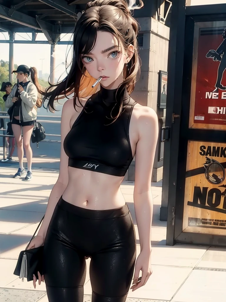 Anya Taylor-joy, ((smoking a cigarette)), legging, sportwear, wet