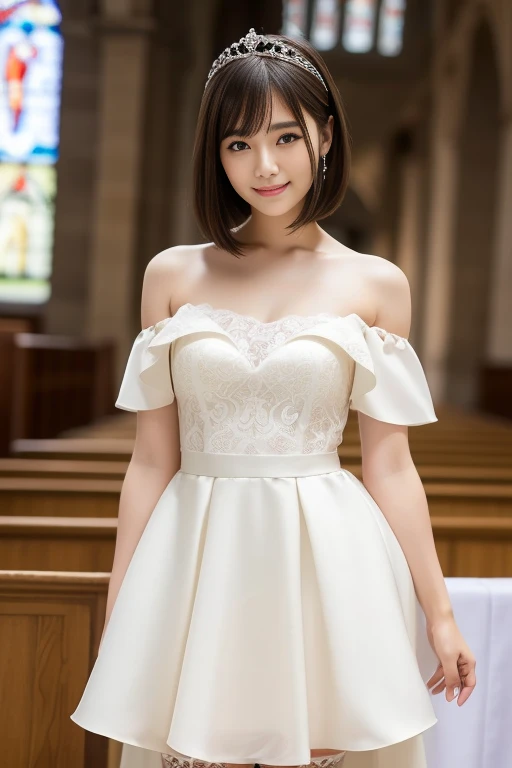 (highest quality:1.5)、(Realistic:1.5)、(1 person:1.5)、(Medium Shot:1.5)、Very detailed、High resolution、8k wallpaper、、Normal milk、Natural color lips、Cute Smile、Japanese women、20-year-old girl、Beautiful and elegant face、Perfect and beautiful face、Large, balanced eyes、Brunette's eyes、Beautiful and elegant face、Beautiful double eyelids、Natural Bangs、Beautiful thin nose、Beautiful Skin、Fair skin、(Medium Bob Hair)、Natural Bangs、Perfect and beautiful face、Slim face and figure、(Looking at the camera with a sweet smile)、Bright lighting、Professional Lighting、Forward lighting、mini skirtのドレス、tiara、(Wearing white off-the-shoulder wedding dress)、Wedding ceremony in a church with beautiful stained glass、pose for a photo、mini skirt、garter belt、Knee-high stockings、