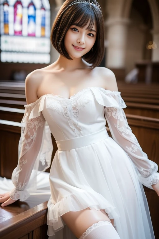 (highest quality:1.5)、(Realistic:1.5)、(1 person:1.5)、(Medium Shot:1.5)、Very detailed、High resolution、8k wallpaper、、Normal milk、Natural color lips、Cute Smile、Japanese women、20-year-old girl、Beautiful and elegant face、Perfect and beautiful face、Large, balanced eyes、Brunette's eyes、Beautiful and elegant face、Beautiful double eyelids、Natural Bangs、Beautiful thin nose、Beautiful Skin、Fair skin、(Medium Bob Hair)、Natural Bangs、Perfect and beautiful face、Slim face and figure、(Looking at the camera with a sweet smile)、Bright lighting、Professional Lighting、Forward lighting、mini skirtのドレス、tiara、(Wearing white off-the-shoulder wedding dress)、Wedding ceremony in a church with beautiful stained glass、pose for a photo、mini skirt、garter belt、Knee-high stockings、