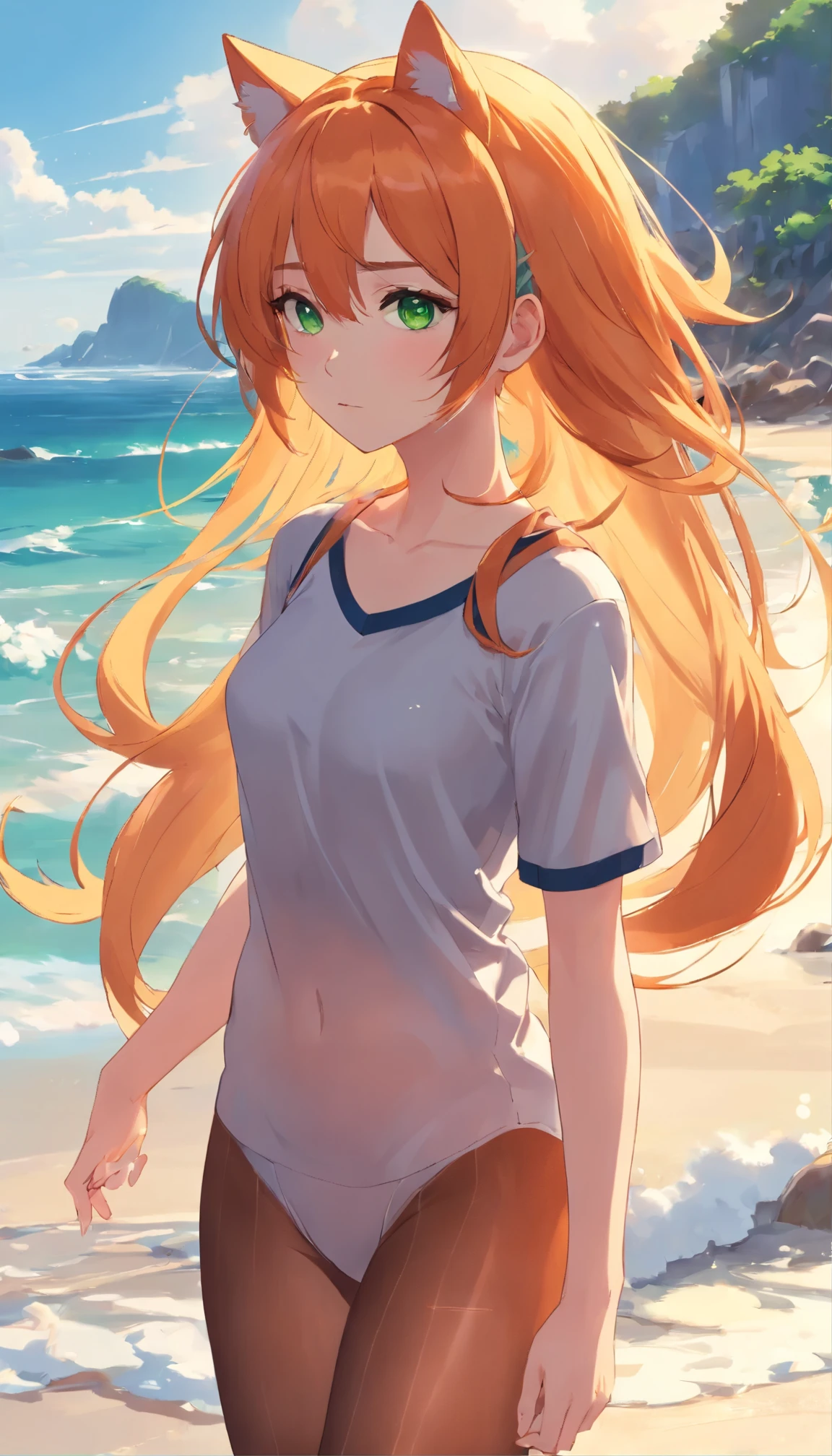anime girl with long orange hair standing on beach near ocean, green eyes detailed digital anime art, cat ears, , anime girl with long hair, smooth anime cg art, anime girl with long hair, digital anime art, artwork in the style of guweiz, beautiful anime portrait, photorealistic anime girl render, beautiful anime girl, advanced digital anime art, pantyhose, guweiz on artstation pixiv upscale HD UHD HQ

