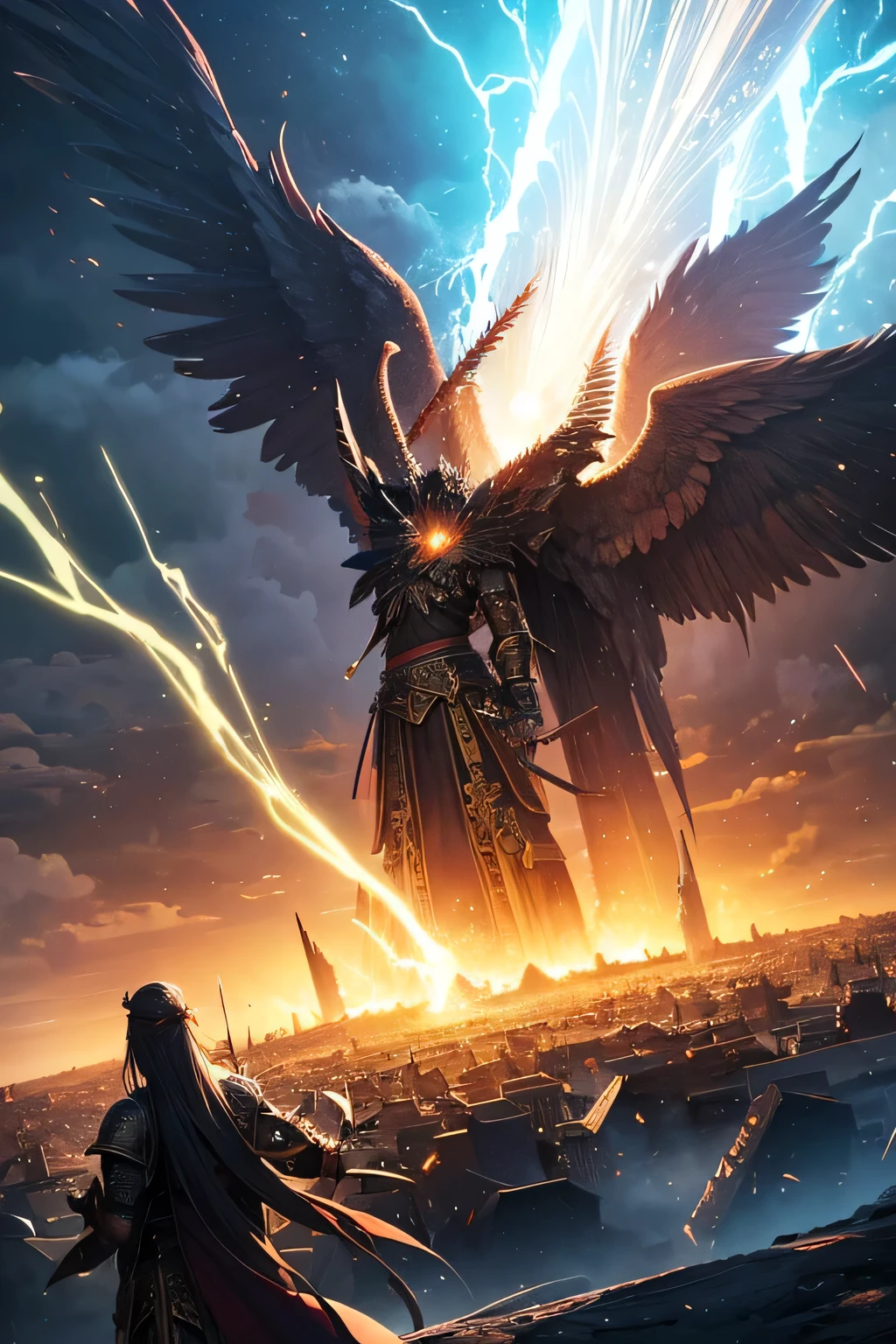 melhor qualidade,ultra-detalhado,realista,guerra entre deuses,deuses lutando,poderes divinos,Epic battle,escuro e intenso,Mitologia,fantasia,Figuras celestiais,majestic destruction,espadas flamejantes,confrontos estrondosos,guerreiros imortais,Batalhas ferozes,Armadura Divina,ira piedosa,seres celestiais,Mythical creatures,Semideuses,summoning lightning,nuvens escuras,ancient ruins,divine intervention,fierce determination,luz celestial,releasing cosmic energy,massive explosions,feixes de energia intensa,paisagens quebradas,Burning skies,sacred temples,imenso poder,Elementos conflitantes,artefatos sagrados,Divine fury,glowing symbols,impacto devastador,mystic energy,Reinos espirituais,confronto final.
