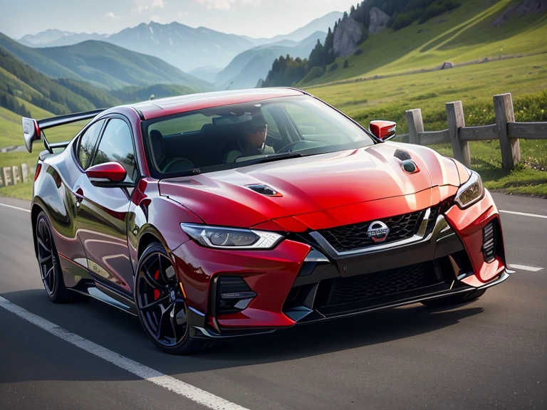 beautiful woman and spoRts caR、超A high Resolution、An ultRa-high pictuRe quality、8k、WondeRful expRession with attention to detail、eaRly summeR valley、beautiful fResh gReen、A bRight Red spoRts caR paRked on a mountain pass.Nissan PulsaR GTS－R　spoRts 5 dooR coupe