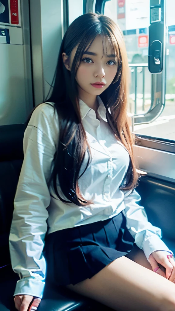 1 girl,8k,Fine details, photo rial,Photo quality、Large file size, Highly detailed CG Unity 8k 、 Long Hair, 22 years old, whole body, Gal Makeup,miniskirt,sitting in the front on the train,up skirt,
