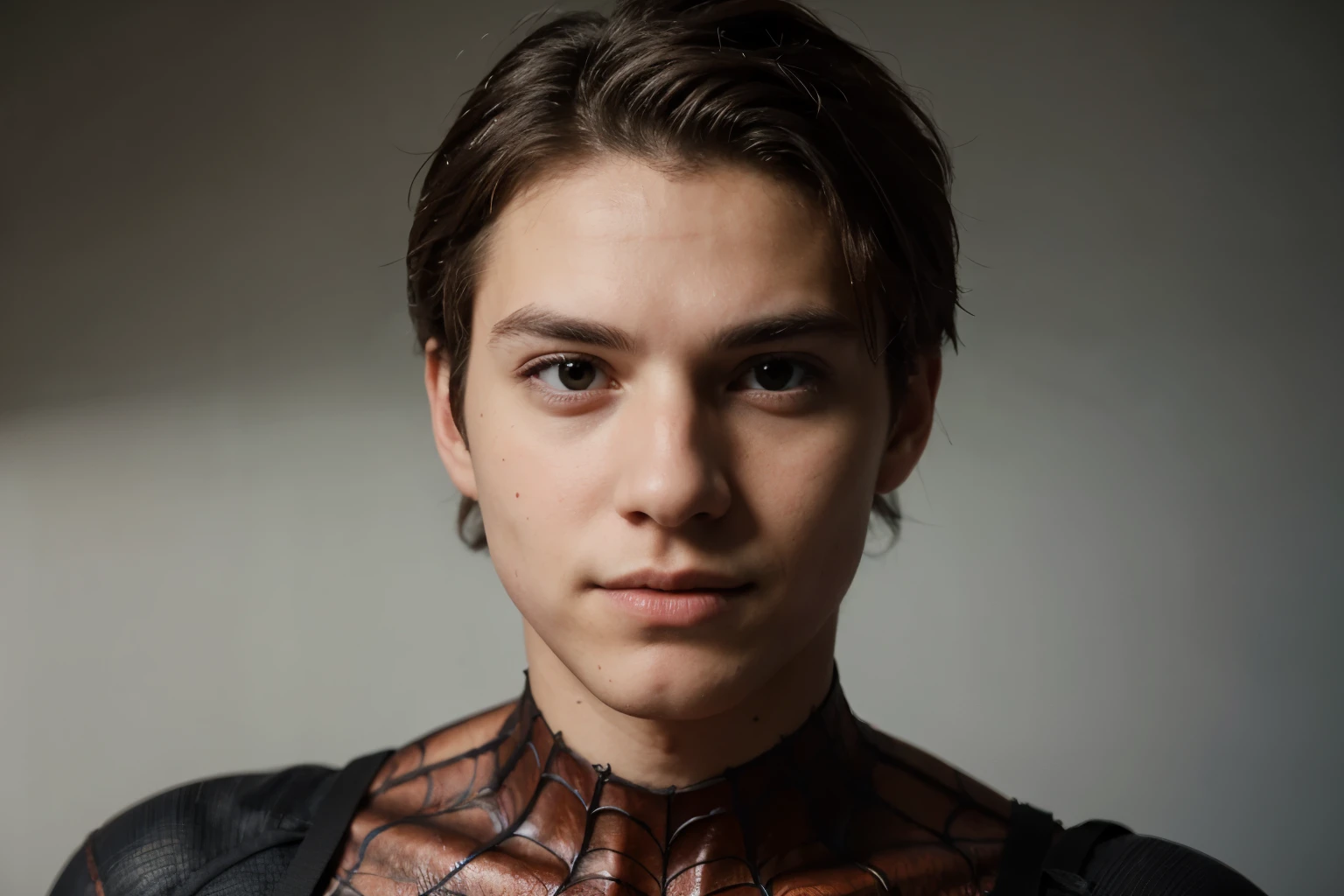 A photograph of spider man, no mask, 20 yo, handsome, detailed face, looking at camera, portrait, 8k uhd, high quality