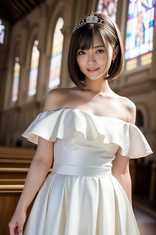 (highest quality:1.5)、(Realistic:1.5)、(1 person:1.5)、(Medium Shot:1.5)、Very detailed、High resolution、8k wallpaper、、Normal milk、Natural color lips、Cute Smile、Japanese women、20-year-old girl、Beautiful and elegant face、Perfect and beautiful face、Large, balanced eyes、Brunette's eyes、Beautiful and elegant face、Beautiful double eyelids、Natural Bangs、Beautiful thin nose、Beautiful Skin、Fair skin、(Medium Bob Hair)、Natural Bangs、Perfect and beautiful face、Slim face and figure、(Looking at the camera with a sweet smile)、Bright lighting、Professional Lighting、Forward lighting、mini skirtのドレス、tiara、(Wearing white off-the-shoulder wedding dress)、Wedding ceremony in a church with beautiful stained glass、pose for a photo、mini skirt、garter belt、Knee-high stockings、