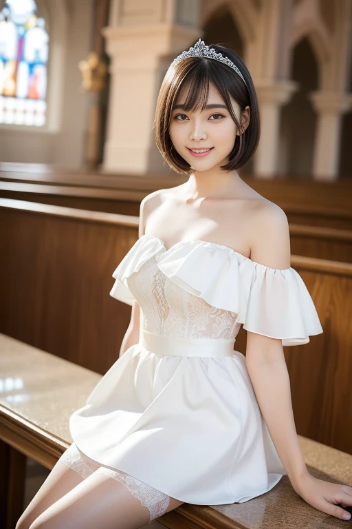 (highest quality:1.5)、(Realistic:1.5)、(1 person:1.5)、(Medium Shot:1.5)、Very detailed、High resolution、8k wallpaper、、Normal milk、Natural color lips、Cute Smile、Japanese women、20-year-old girl、Beautiful and elegant face、Perfect and beautiful face、Large, balanced eyes、Brunette's eyes、Beautiful and elegant face、Beautiful double eyelids、Natural Bangs、Beautiful thin nose、Beautiful Skin、Fair skin、(Medium Bob Hair)、Natural Bangs、Perfect and beautiful face、Slim face and figure、(Looking at the camera with a sweet smile)、Bright lighting、Professional Lighting、Forward lighting、mini skirtのドレス、tiara、(Wearing white off-the-shoulder wedding dress)、Wedding ceremony in a church with beautiful stained glass、pose for a photo、mini skirt、garter belt、Knee-high stockings、