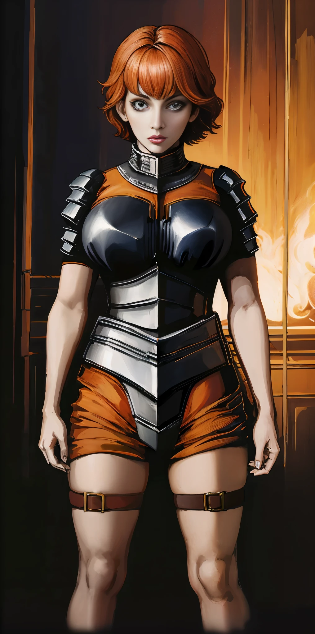 funger, very detailed illustration, 1girl, big breasts, high res high quality, masterpiece, looking at viewer, (knight), orange hair, absurdness, ultra-detailed, short hair
