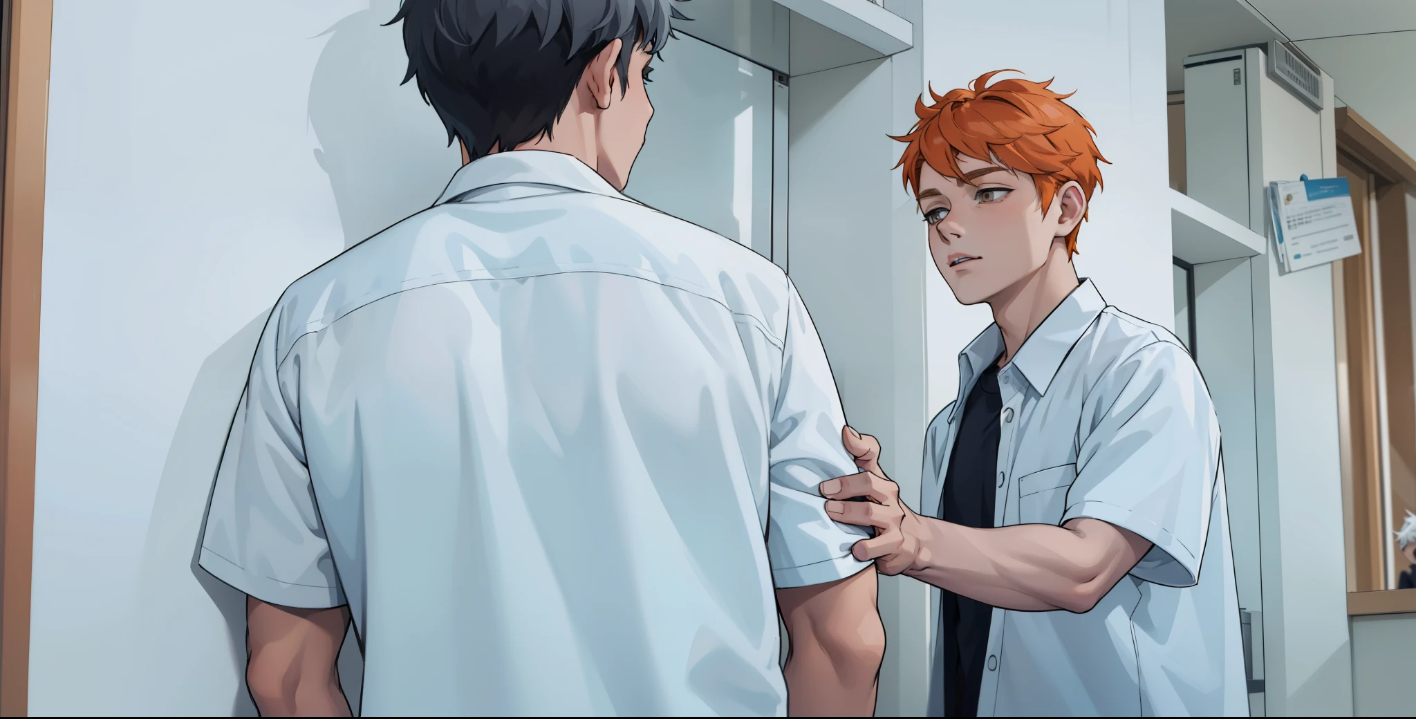There are two boys, one with gray hair and the other with orange hair, they are , white shirt.