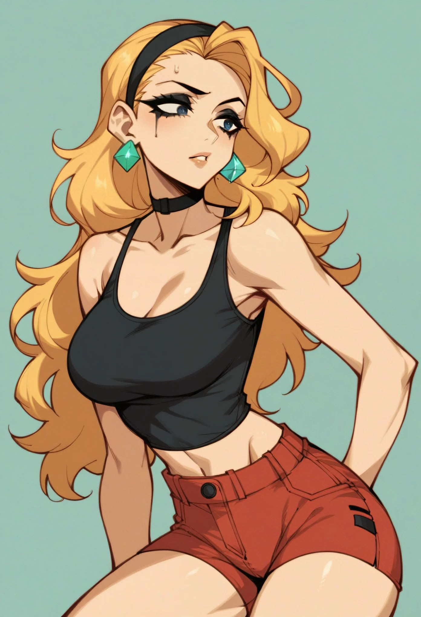 Score_9, score_8_up, score_7_up, rating_safe, adult woman, tight black cami tank top:1.2, very pale skin, earrings, long blonde hair, hairband, black makeup, red shorts, source_anime
