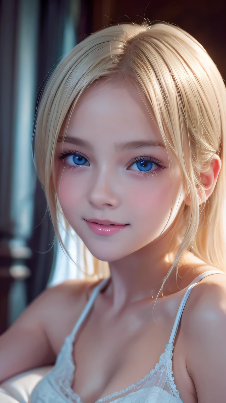 A very white and beautiful 16-year-old blonde girl、Mastepiece, Best Quality, Illustration, Ultra-detailed fine details, High resolution, 8K Denden Wallpaper, Perfect dynamic composition, Beautifully detailed large light blue eyes , of hotel(Bed), Sexy face,A face in ecstasy,The face at the peak of sexual arousal,Excited face from