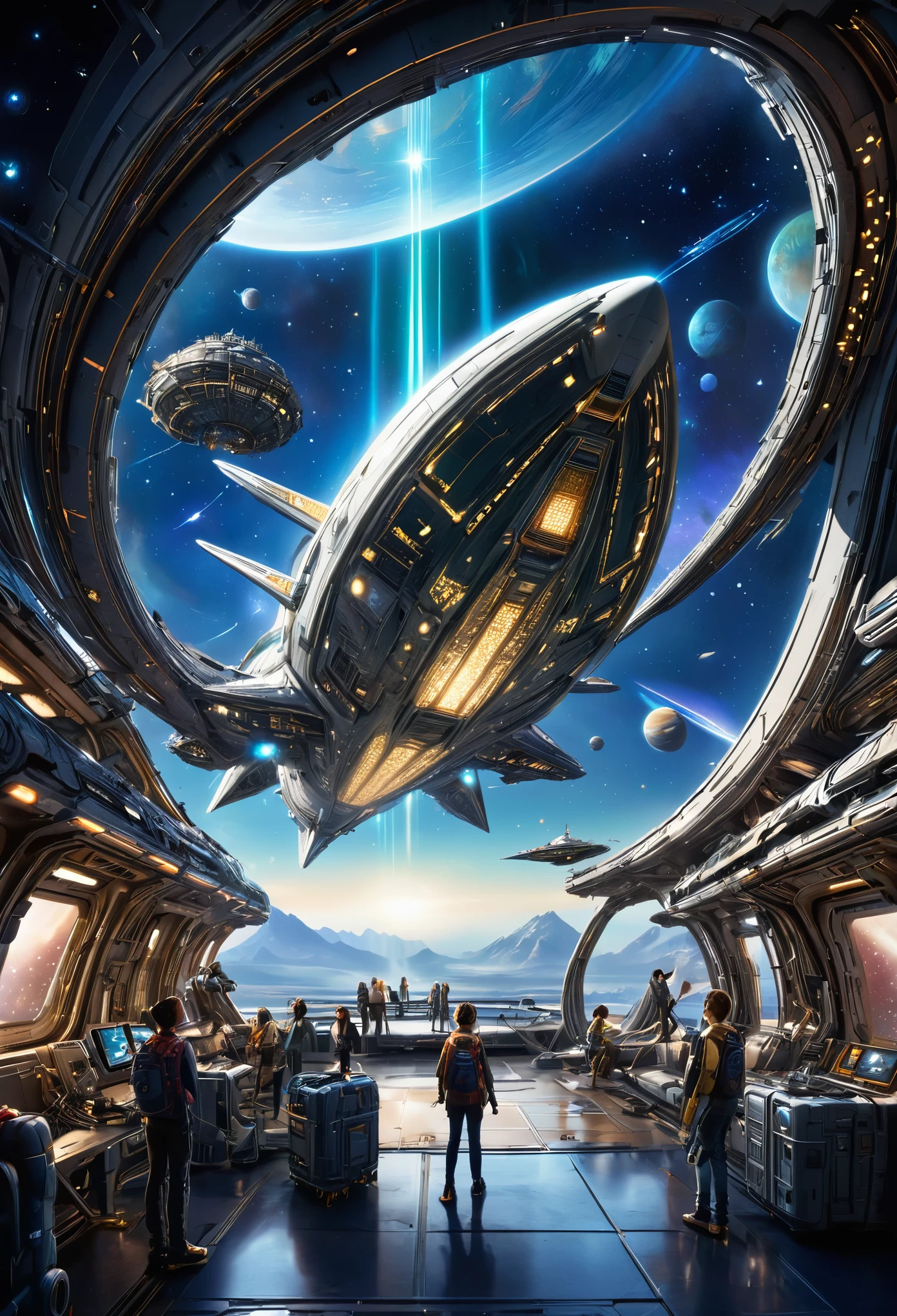 (best quality, 4k, ultra detailed, high resolution, masterpiece: 1.2),Imagine the inside of a partially destroyed bio-organic alien ship, with internal structures that look like a mix between technology and biological tissue. The scene is seen from an elevated and distant position, allowing you to see the colossal size of the environment and giving a feeling of immensity. Through the gaps in the ship, se puede ver el espacio exterior lleno de estrellas, con algunas luces brillantes y tenues que sugieren planetas o naves a lo lejos.