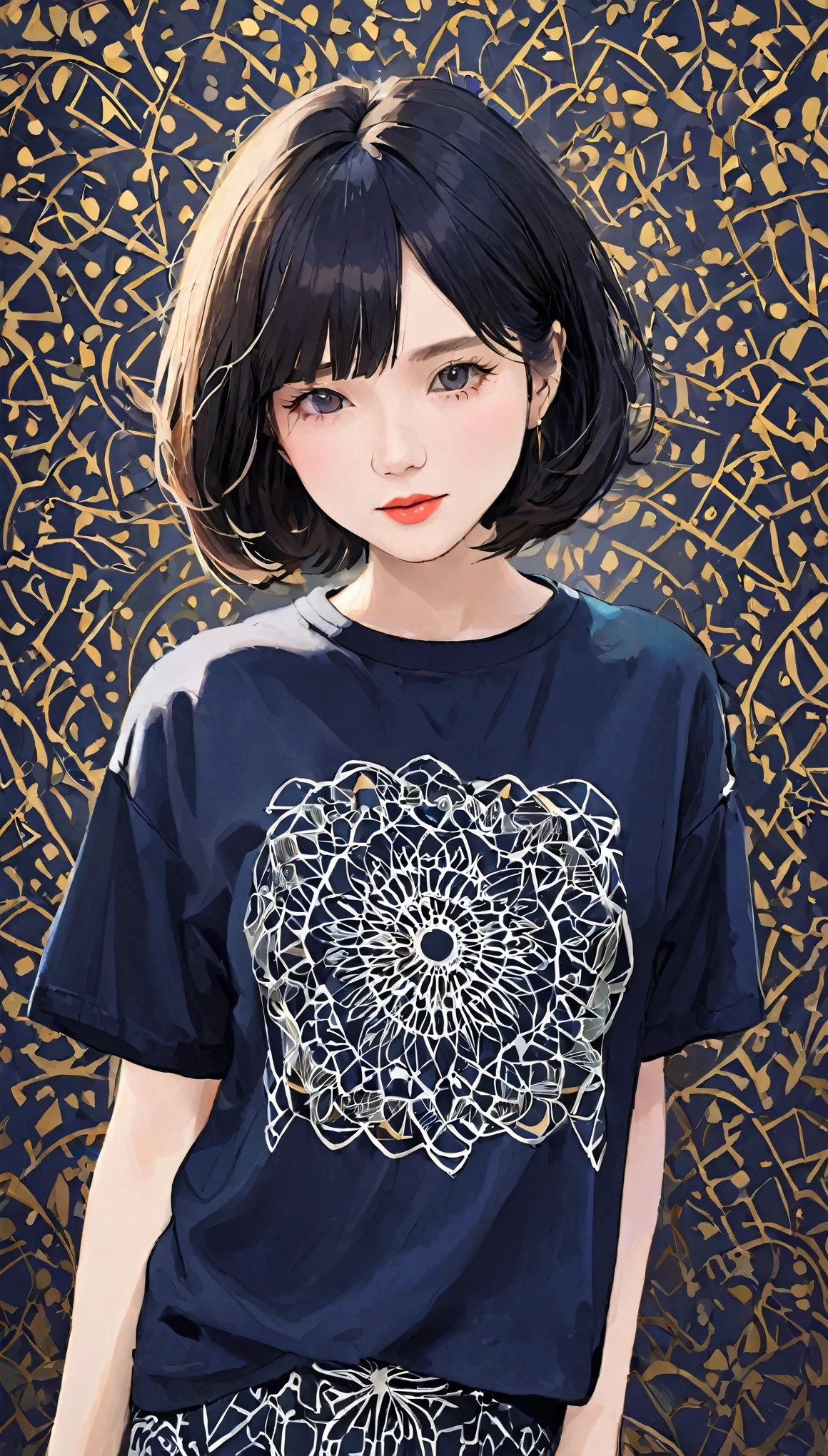 complex geometric pattern background、Dark、cute、Short Bob、avert your eyes、White BuggyＴshirt、プリントshirt、Loose-fitting clothing、Retro、highest quality、Ultra-detailed、High quality details