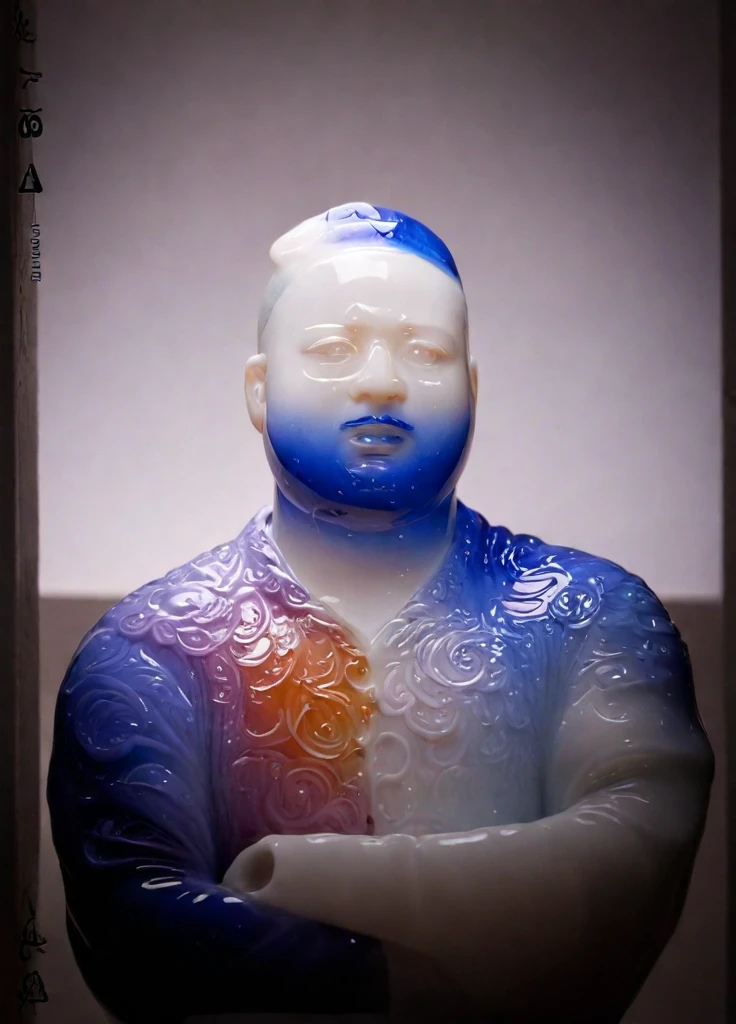 painting of a man sitting on a stool in front of a painting, inspired by Yue Minjun, by Yue Minjun, inspired by Douglas Bourgeois, kim jung gi, james jean and jenny saville, korean artist, weta studio and james jean, wu liu, wei wang, chinese artist, inspired by Zhang Xiaogang, zeng fanzhi