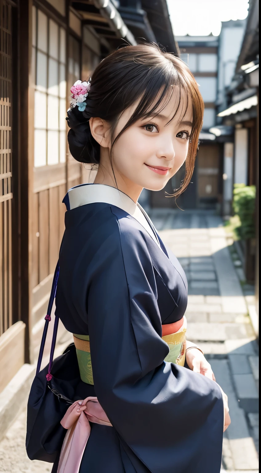 Professional Lighting,(Photorealistic:1.4), (Top image quality:1.0), (超A high resolution:1.0), 8k, Raw photography, (masterpiece:0.2), (Facing the children_v1:0.5)、(最高quality Detail:1.2)、Realistic、8K Ultra HD、High resolution、(1 girl:1.2)、超detailedな、High quality textures、複雑なdetailed、detailed、Very detailed CG、High quality shadows、detailed 美しく繊細な顔、Beautiful details and a delicate eye、(Symmetrical eyes:1.2),Written boundary depth、Ray Tracing,1 girl, Japanese Girls, (Natural smile:1.4),cute, thin, Portrait of a beautiful Japanese woman in a kimono, Standing elegantly on a street corner in Kyoto. Kimono with vibrant traditional patterns, Hair decorated with elegant and delicate hairpins, Gentle expression. (With the old streets of Kyoto in the background:1.4)、The soft light of a spring afternoon、Adding tranquility to the scene. Rendered in a Realistic style with great attention to detail, High resolutionの画像.Sky Porn, Magic Hour, (Realistic:1.3), finely, quality, (Tabletop:1.2), (Realistic:1.2), (最高quality), (複雑なdetailed), dramatic, Ray Tracing, photograph, +roller