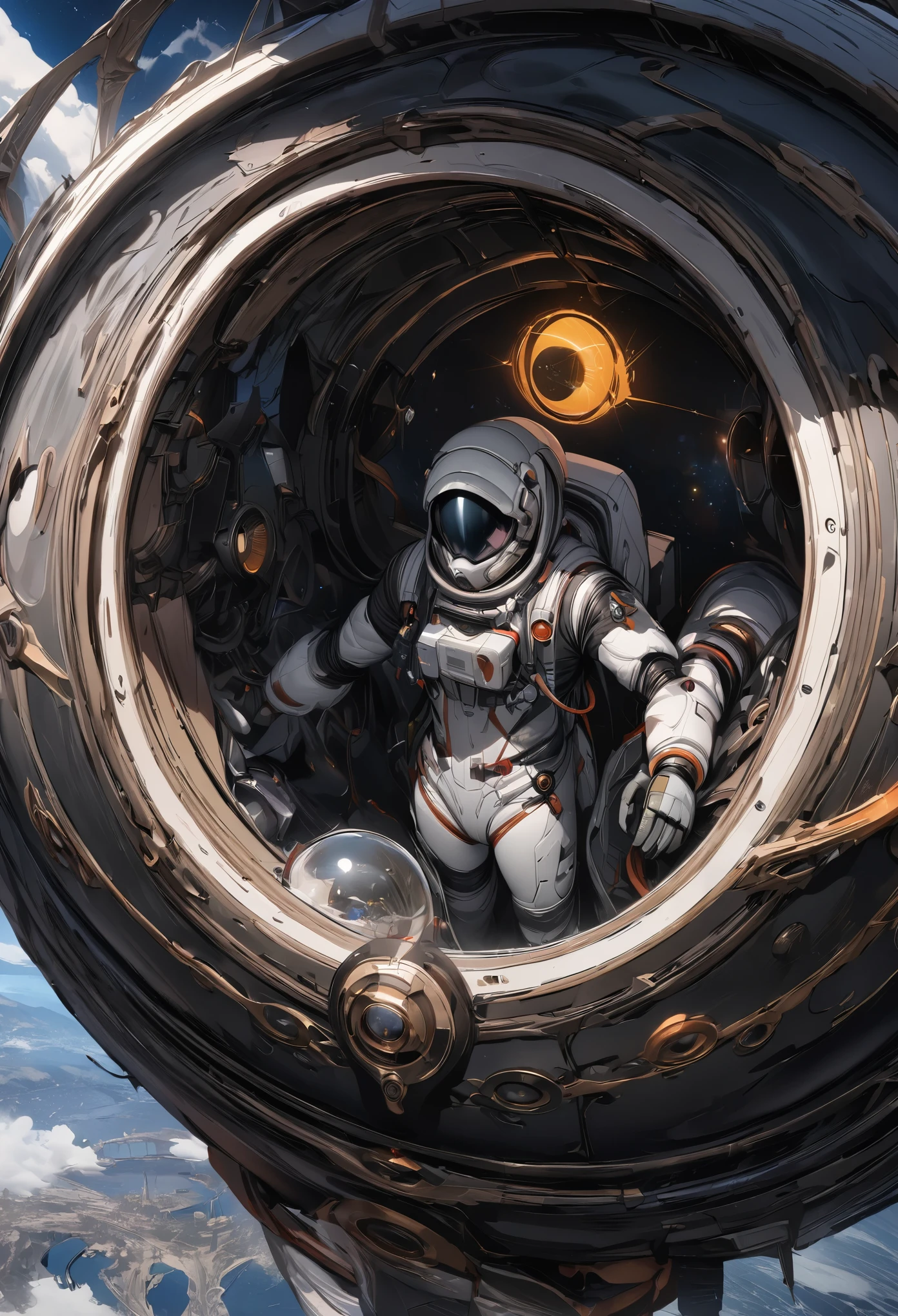 (best quality, 4k, ultra detailed, high resolution, masterpiece: 1.2),Personaje a la Distancia: Hay un personaje visto desde lejos, located at a high observation point. It is small compared to the surroundings, resaltando la magnitud de la nave. The character is equipped with a space suit, with flashing lights and mechanical details.
Vista del Espacio Exterior: Through the openings in the ship, se ve un vasto espacio estrellado. The stars are unevenly distributed, creating variable densities and suggesting the remoteness of some celestial objects.