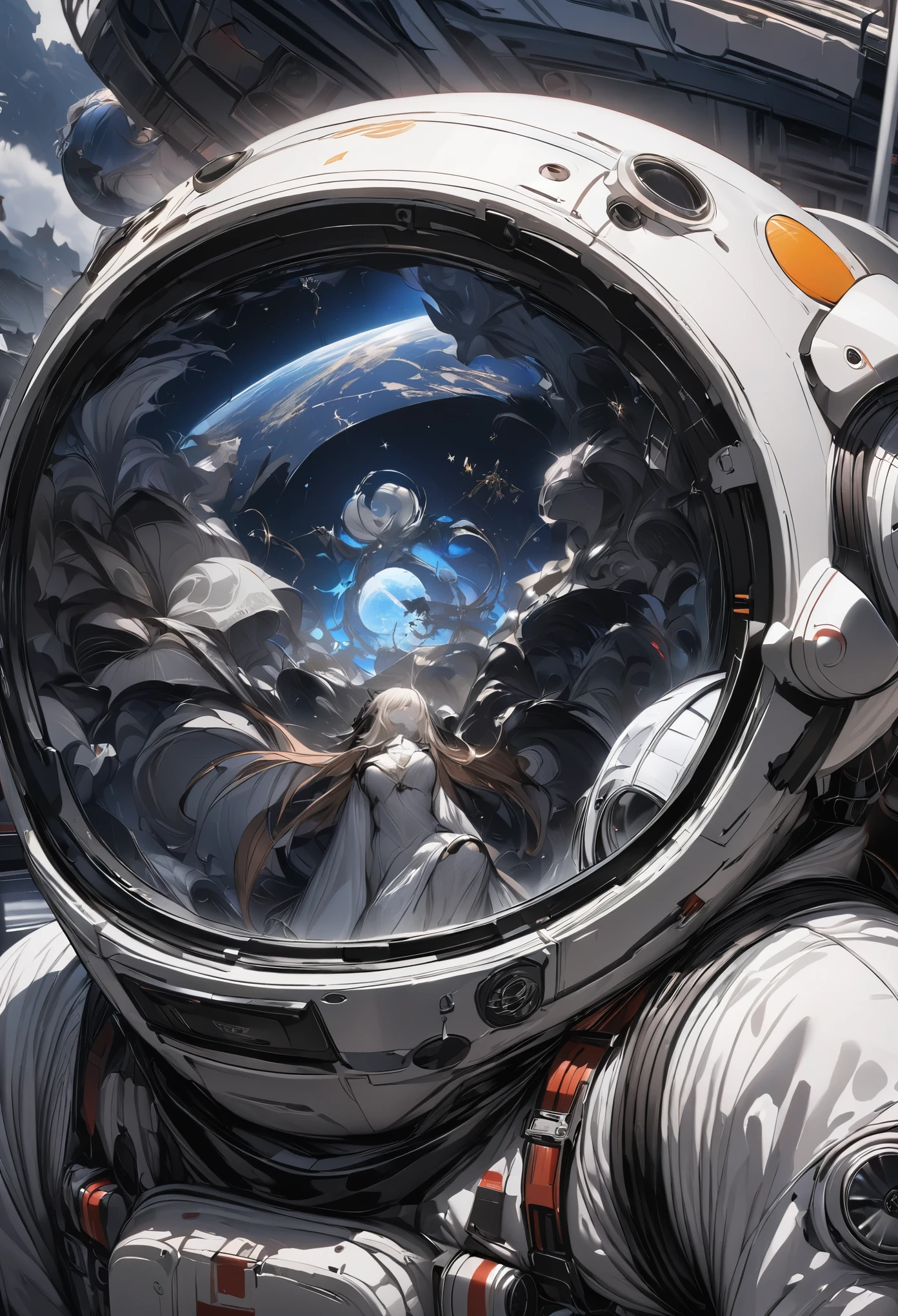 (best quality, 4k, ultra detailed, high resolution, masterpiece: 1.2),Personaje a la Distancia: Hay un personaje visto desde lejos, located at a high observation point. It is small compared to the surroundings, resaltando la magnitud de la nave. The character is equipped with a space suit, with flashing lights and mechanical details.
Vista del Espacio Exterior: Through the openings in the ship, se ve un vasto espacio estrellado. The stars are unevenly distributed, creating variable densities and suggesting the remoteness of some celestial objects.