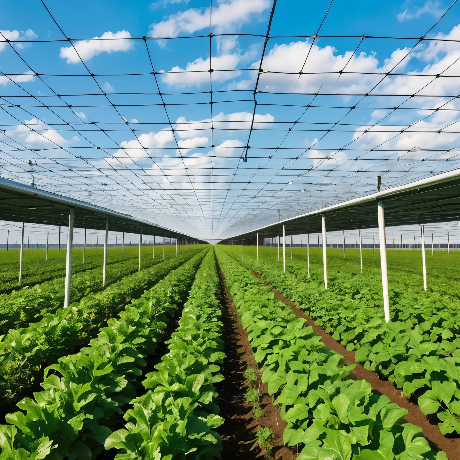 What is agricultural solar power generation? The poles are 2m high.、Crops are grown under large solar panels tilted at a 15 degree angle.。Creating an overall picture of healthy crops, including panels