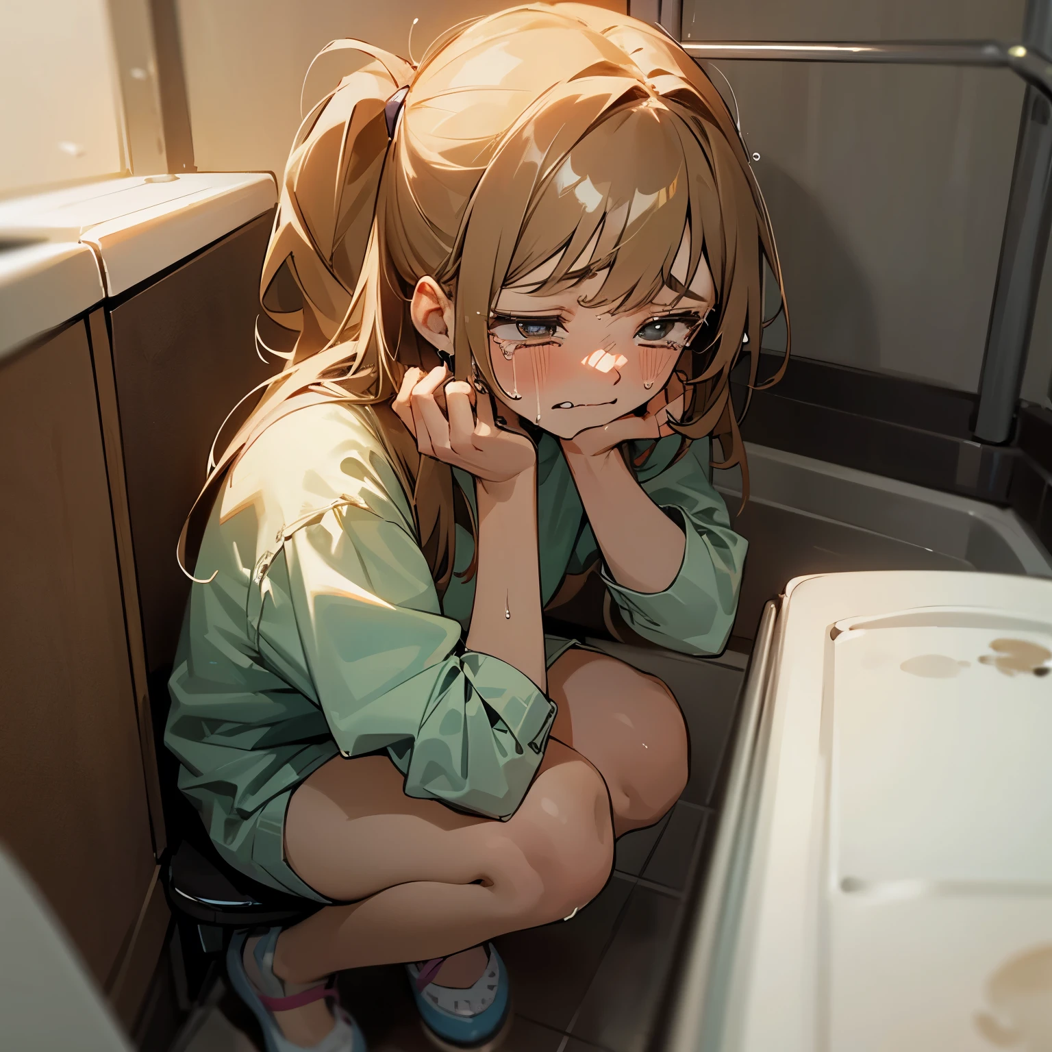 Torn white shirt、Torn white skirt、Black underwear is visible、big eye、smaller head、disheveled orange hair、Desperate look、Saliva、Tongue out、Train、murky、modest chest、独奏、Multiple Guys、molesting、underwear is soaking wet、Squatting and legs open、お漏らし、Tears、